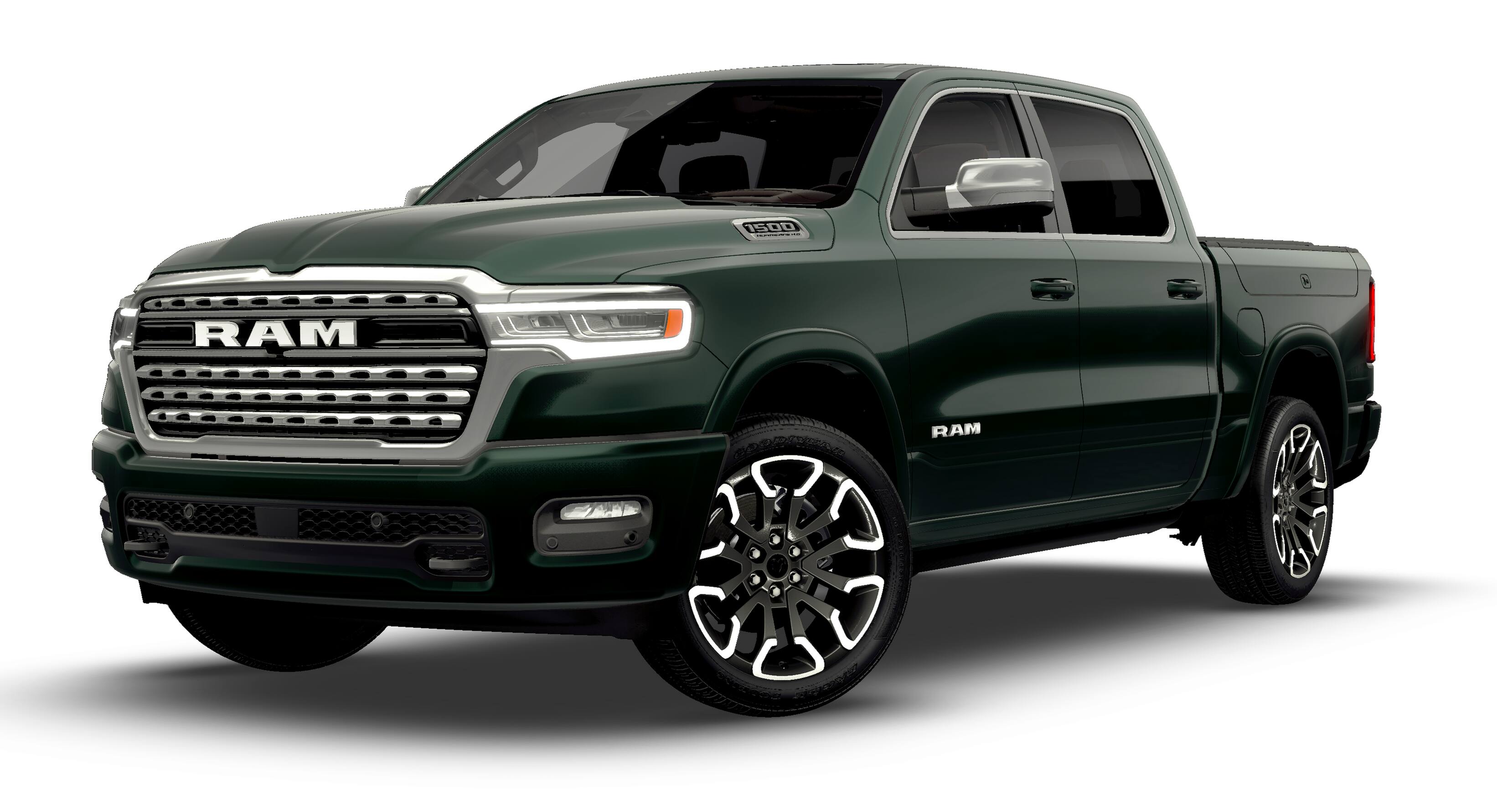 2026 RAM Ram 1500 RAM 1500 LIMITED LONGHORN CREW CAB 4X4 5'7' BOX in Serrano-Green Metallic Exterior Paint — front three-quarter view