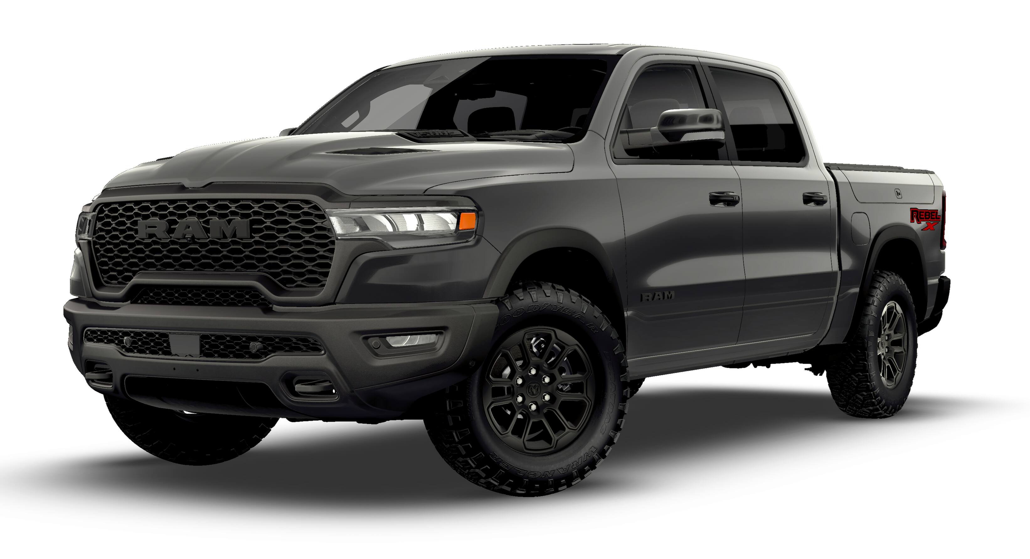 2026 RAM Ram 1500 RAM 1500 REBEL CREW CAB 4X4 5'7' BOX in Granite Crystal Metallic Clear-Coat Exterior Paint — front three-quarter view